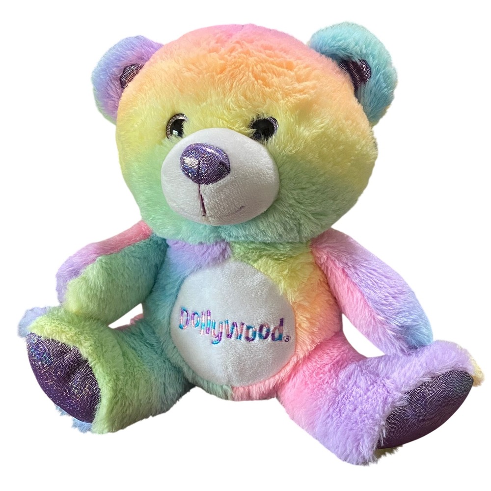 Dollywood Rainbow Sherbet Teddy Bear Plush Sitting 10.5" Glitter Eyes Theme Park